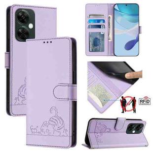For OnePlus Nord N30 Cat Rat Embossed Pattern RFID Leather Phone Case with Lanyard(Purple)