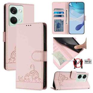 For OnePlus Ace 2V / Nord 3 Cat Rat Embossed Pattern RFID Leather Phone Case with Lanyard(Pink)