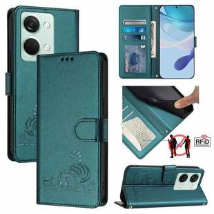 For OnePlus Ace 2V / Nord 3 Cat Rat Embossed Pattern RFID Leather Phone Case with Lanyard(Peacock Green)