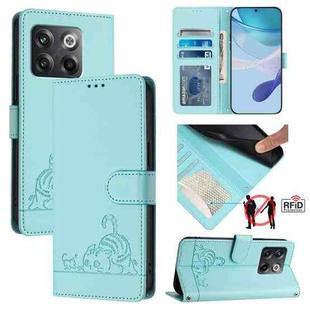 For OnePlus Ace Pro 5G Cat Rat Embossed Pattern RFID Leather Phone Case with Lanyard(Mint Green)