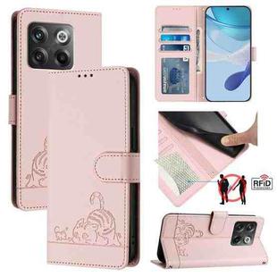 For OnePlus Ace Pro 5G Cat Rat Embossed Pattern RFID Leather Phone Case with Lanyard(Pink)