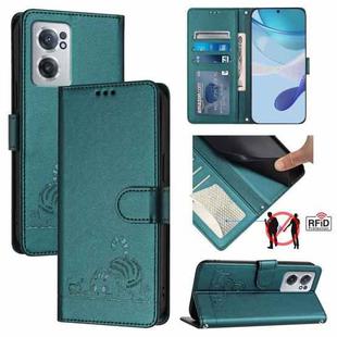 For OnePlus Nord CE 2 5G Cat Rat Embossed Pattern RFID Leather Phone Case with Lanyard(Peacock Green)