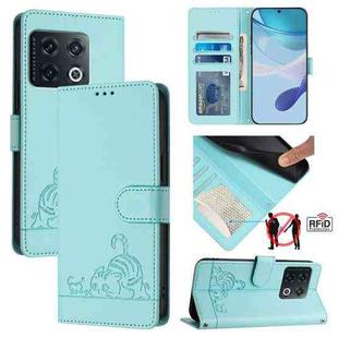 For OnePlus 10 Pro 5G Cat Rat Embossed Pattern RFID Leather Phone Case with Lanyard(Mint Green)