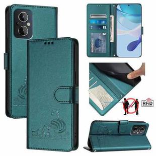 For OnePlus Nord N20 5G Cat Rat Embossed Pattern RFID Leather Phone Case with Lanyard(Peacock Green)