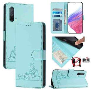 For OnePlus Nord CE 5G Cat Rat Embossed Pattern RFID Leather Phone Case with Lanyard(Mint Green)