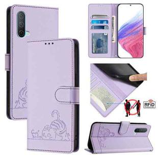 For OnePlus Nord CE 5G Cat Rat Embossed Pattern RFID Leather Phone Case with Lanyard(Purple)