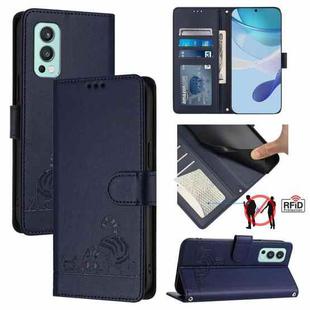 For OnePlus Nord 2 Cat Rat Embossed Pattern RFID Leather Phone Case with Lanyard(Blue)