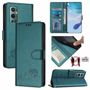 For OnePlus 9 Pro Cat Rat Embossed Pattern RFID Leather Phone Case with Lanyard(Peacock Green)