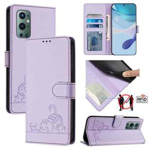 For OnePlus 9 Pro Cat Rat Embossed Pattern RFID Leather Phone Case with Lanyard(Purple)