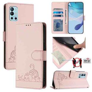 For OnePlus 9R / 8T Cat Rat Embossed Pattern RFID Leather Phone Case with Lanyard(Pink)