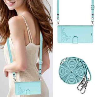 For OnePlus Nord N300 Cat Rat Embossed Pattern RFID Leather Phone Case with Lanyard(Mint Green)