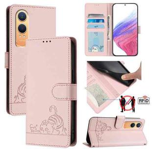 For OnePlus Nord CE4 Lite Cat Rat Embossed Pattern RFID Leather Phone Case with Lanyard(Pink)