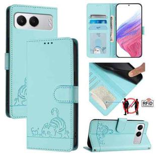 For OnePlus Nord 4 5G Cat Rat Embossed Pattern RFID Leather Phone Case with Lanyard(Mint Green)