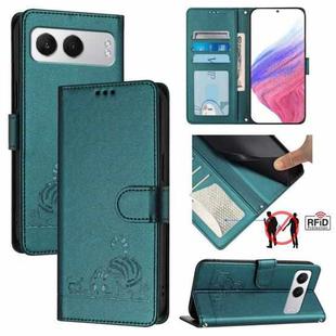 For OnePlus Nord 4 5G Cat Rat Embossed Pattern RFID Leather Phone Case with Lanyard(Peacock Green)