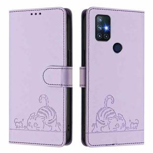 For OnePlus Nord N10 5G Cat Rat Embossed Pattern RFID Leather Phone Case with Lanyard(Purple)