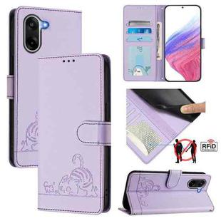 For OnePlus Ace 5 Racing Cat Rat Embossed Pattern RFID Leather Phone Case with Lanyard(Purple)