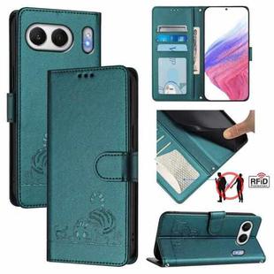 For OnePlus Nord 4 5G Global Cat Rat Embossed Pattern RFID Leather Phone Case with Lanyard(Peacock Green)