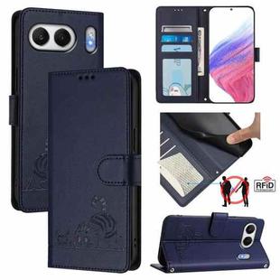 For OnePlus Nord 4 5G Global Cat Rat Embossed Pattern RFID Leather Phone Case with Lanyard(Blue)