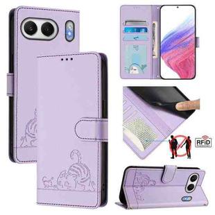 For OnePlus Nord 4 5G Global Cat Rat Embossed Pattern RFID Leather Phone Case with Lanyard(Purple)