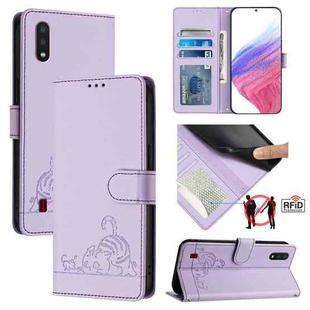 For Samsung Galaxy A01 EU Version Cat Rat Embossed Pattern RFID Leather Phone Case with Lanyard(Purple)