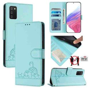 For Samsung Galaxy A02s 164mm Cat Rat Embossed Pattern RFID Leather Phone Case with Lanyard(Mint Green)