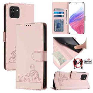 For Samsung Galaxy A03 166mm Cat Rat Embossed Pattern RFID Leather Phone Case with Lanyard(Pink)