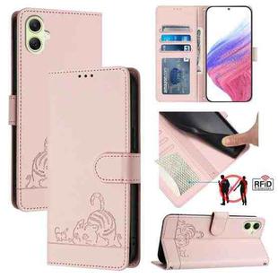 For Samsung Galaxy A05 4G Global Cat Rat Embossed Pattern RFID Leather Phone Case with Lanyard(Pink)