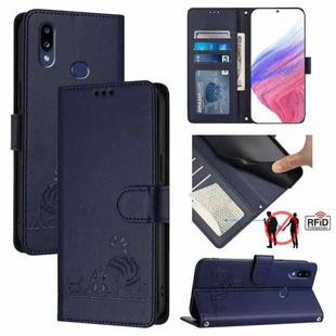 For Samsung Galaxy A10s/M01s Cat Rat Embossed Pattern RFID Leather Phone Case with Lanyard(Blue)