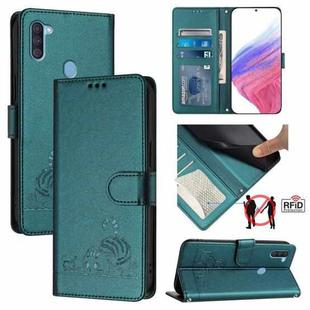 For Samsung Galaxy A11 EU Version Cat Rat Embossed Pattern RFID Leather Phone Case with Lanyard(Peacock Green)