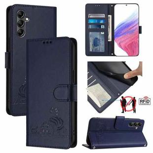 For Samsung Galaxy A15 5G/4G Cat Rat Embossed Pattern RFID Leather Phone Case with Lanyard(Blue)