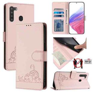 For Samsung Galaxy A21 EU Version Cat Rat Embossed Pattern RFID Leather Phone Case with Lanyard(Pink)