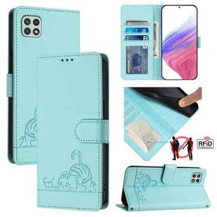 For Samsung Galaxy A22 5G/F42 5G Cat Rat Embossed Pattern RFID Leather Phone Case with Lanyard(Mint Green)