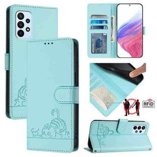 For Samsung Galaxy A23 4G/5G/M23 5G Cat Rat Embossed Pattern RFID Leather Phone Case with Lanyard(Mint Green)