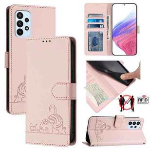 For Samsung Galaxy F23 5G/M13 4G Cat Rat Embossed Pattern RFID Leather Phone Case with Lanyard(Pink)