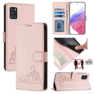 For Samsung Galaxy A31 EU Version Cat Rat Embossed Pattern RFID Leather Phone Case with Lanyard(Pink)
