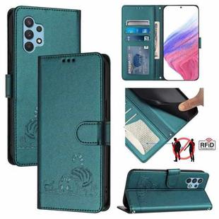 For Samsung Galaxy A32 4G Cat Rat Embossed Pattern RFID Leather Phone Case with Lanyard(Peacock Green)