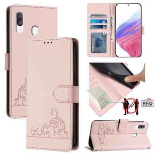 For Samsung Galaxy A40 Cat Rat Embossed Pattern RFID Leather Phone Case with Lanyard(Pink)