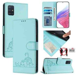 For Samsung Galaxy A51 5G Cat Rat Embossed Pattern RFID Leather Phone Case with Lanyard(Mint Green)