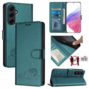 For Samsung Galaxy A55 5G Cat Rat Embossed Pattern RFID Leather Phone Case with Lanyard(Peacock Green)