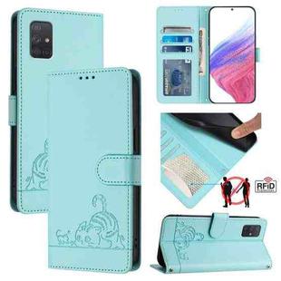 For Samsung Galaxy A71 4G Cat Rat Embossed Pattern RFID Leather Phone Case with Lanyard(Mint Green)