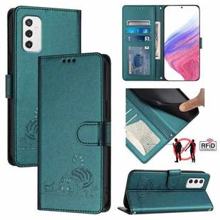 For Samsung Galaxy M52 5G Cat Rat Embossed Pattern RFID Leather Phone Case with Lanyard(Peacock Green)