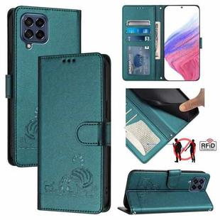 For Samsung Galaxy M53 5G Cat Rat Embossed Pattern RFID Leather Phone Case with Lanyard(Peacock Green)