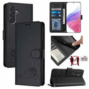 For Samsung Galaxy M55 Cat Rat Embossed Pattern RFID Leather Phone Case with Lanyard(Black)