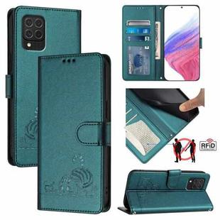 For Samsung Galaxy M62 Cat Rat Embossed Pattern RFID Leather Phone Case with Lanyard(Peacock Green)