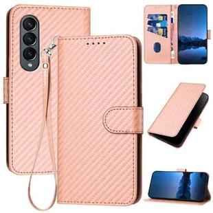 For Samsung Galaxy Z Fold4 5G YX0070 Carbon Fiber Buckle Leather Phone Case with Lanyard(Pink)