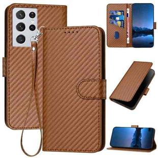 For Samsung Galaxy S21 Ultra 5G YX0070 Carbon Fiber Buckle Leather Phone Case with Lanyard(Coffee)