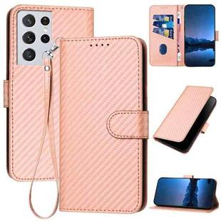 For Samsung Galaxy S21 Ultra 5G YX0070 Carbon Fiber Buckle Leather Phone Case with Lanyard(Pink)
