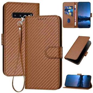 For Samsung Galaxy S10 YX0070 Carbon Fiber Buckle Leather Phone Case with Lanyard(Coffee)