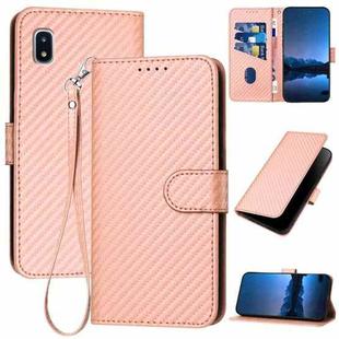 For Samsung Galaxy A20 JP Version YX0070 Carbon Fiber Buckle Leather Phone Case with Lanyard(Pink)