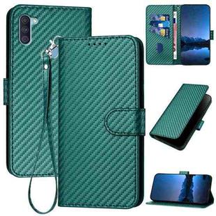 For Samsung Galaxy A11 EU YX0070 Carbon Fiber Buckle Leather Phone Case with Lanyard(Dark Green)